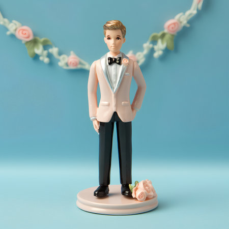 3d illustration of a man in a wedding suit standing on a pedestalの素材