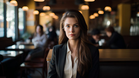 Portrait of a beautiful young businesswoman sitting in a cafe.の素材