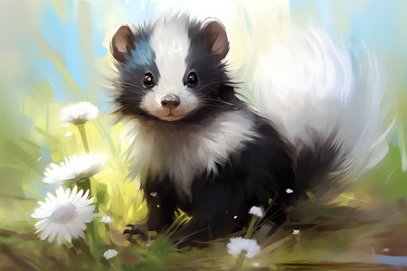 Little black and white skunk sitting in the meadow with flowersの素材
