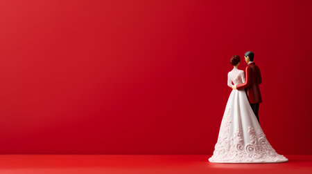 Wedding couple in love. Man and woman on red backgroundの素材
