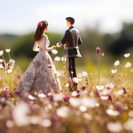Wedding couple. Bride and groom in a field of flowersの素材