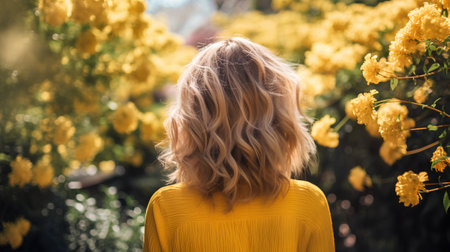 Back view of blonde girl in yellow sweater looking at yellow flowers in the gardenの素材