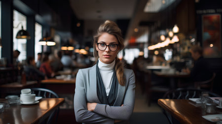 Portrait of a beautiful young business woman in glasses in a cafeの素材