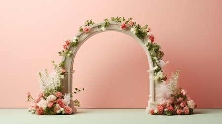 Wedding arch with flowers on pink background. 3d renderの素材