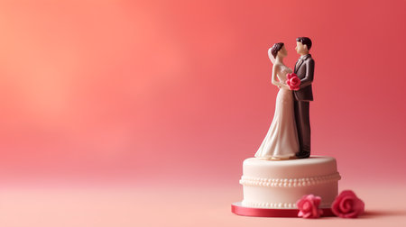 wedding cake with bride and groom figurine on pink backgroundの素材