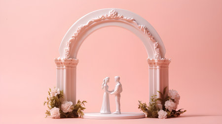 Wedding arch with bride and groom figurines on pink backgroundの素材