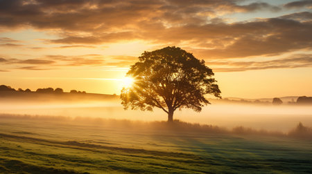 Beautiful landscape with lonely tree in foggy meadow at sunriseの素材
