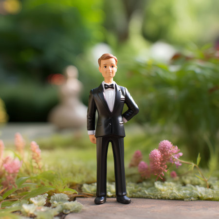 Miniature people: groom in tuxedo standing on the ground.の素材