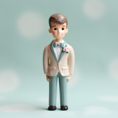 Miniature groom figurine on blue background with bokeh effectの素材