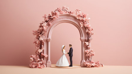 Wedding couple in front of arch decorated with pink flowers.の素材