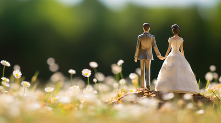 Wedding couple standing on a meadow with daisiesの素材