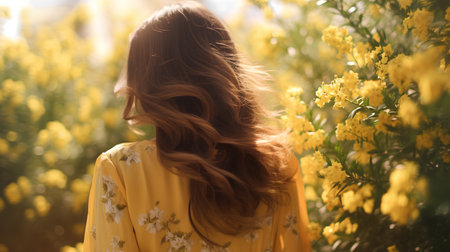 Beautiful young woman with long curly hair and yellow flowers in the gardenの素材