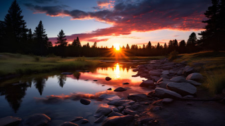 Sunset over the river in Yellowstone National Park, Wyoming, USAの素材