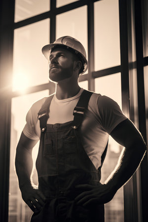 Portrait of a handsome man in overalls and hardhat.の素材