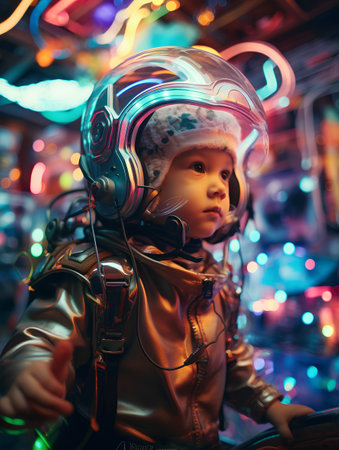 Portrait of a boy in a pilot costume. A child in a spacesuit and a helmet.の素材