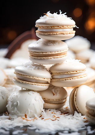 Tasty macaroons with coconut on wooden background. Selective focus.の素材