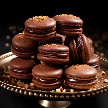 Chocolate macaroons with cocoa powder on a black background.の素材