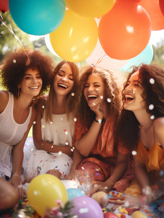 friendship, celebration, holidays and people concept - group of smiling young women with colorful balloons lying on blanket in parkの素材