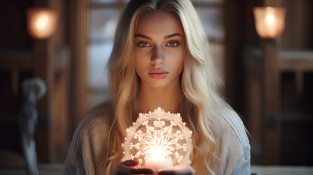 Beautiful young woman holding a candle in her hands. Beautiful girl with long blond hair.の素材