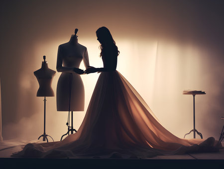 Silhouette of a woman in a long evening dress with a mannequin in the backgroundの素材
