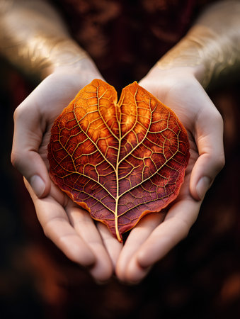 Hands holding a leaf in the shape of a heart on a dark backgroundの素材