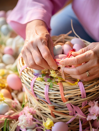 Easter basket with eggs and flowers. Close-up of female hands holding basket with easter eggs.の素材