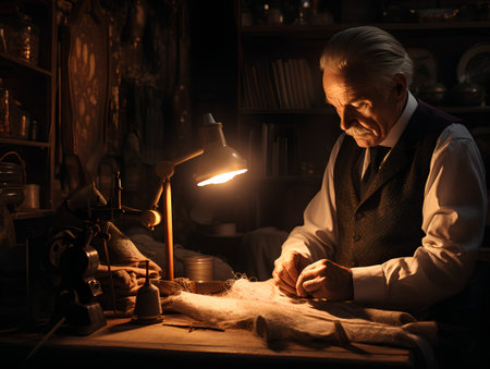 Elderly tailor working in his workshop. Old man at work.の素材
