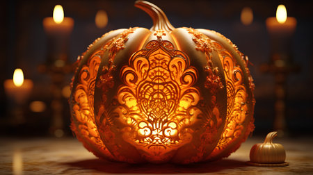 Halloween pumpkin with burning candles on dark background. 3d illustrationの素材
