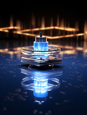 3d illustration of circuit board with microchip over dark blue backgroundの素材