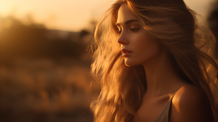 Beautiful young woman with long blond hair on the beach at sunset.の素材