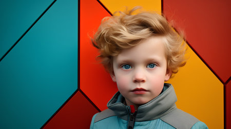 Portrait of a cute little boy with blond hair and blue eyes looking at the camera over colorful backgroundの素材
