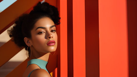 Beautiful young african american woman in turquoise swimsuit posing on orange background.の素材