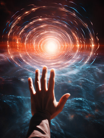 Man's hand on a background of the galaxy. 3D renderingの素材