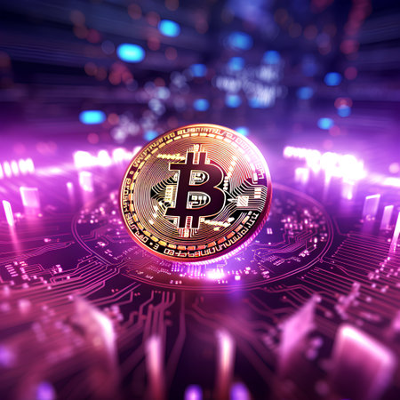 Cryptocurrency Bitcoin on the background of a circuit board. 3d renderingの素材