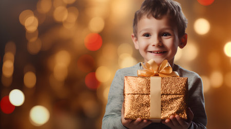 Portrait of a cute little boy holding a gift box on Christmas backgroundの素材
