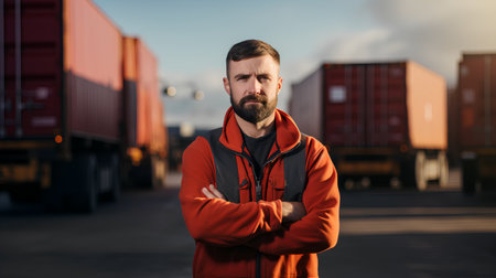 Portrait of a bearded man in a red jacket on the background of cargo containers.の素材