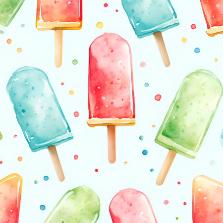Seamless pattern with watercolor ice cream on a stick.の素材