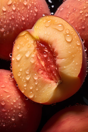 Fresh ripe apricots with water drops on a black background.の素材