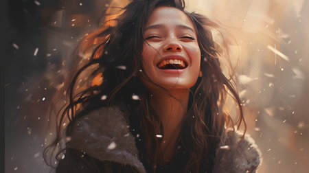 Portrait of a beautiful young asian woman in the rain.の素材
