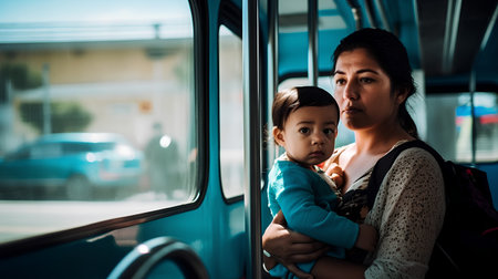 Asian mother and her little daughter traveling by bus together. Mom and child are traveling by train.の素材
