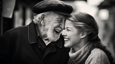 Portrait of a happy senior couple in love. Black and white photo.の素材