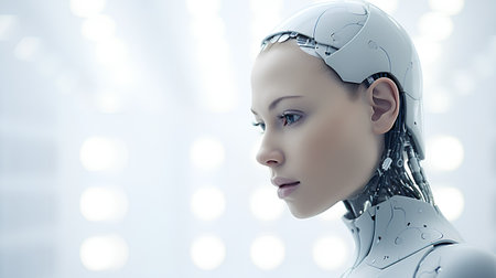 3d rendering of a female cyborg looking at the camera on a white backgroundの素材