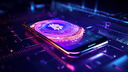 Futuristic smartphone with bitcoin symbol. Cryptocurrency concept. 3D Renderingの素材
