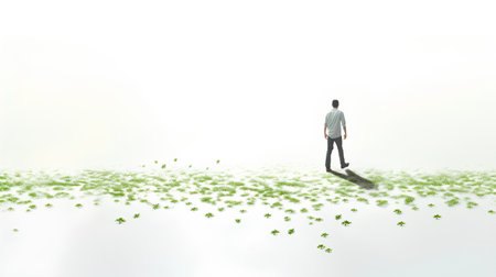 Businessman standing on green grass with leaves. 3d rendering.の素材