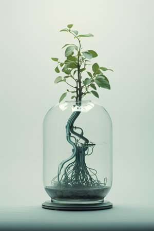 Plant in a glass vase with roots, 3d renderの素材
