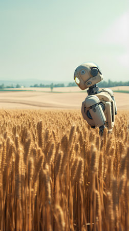 3d rendering of a robot in a wheat field with copy spaceの素材