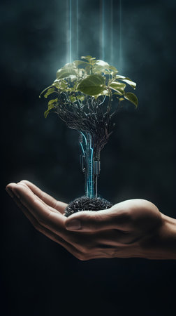 Human hand holding a green tree on a dark background. Ecology conceptの素材