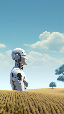 3D rendering of a robot in the field with trees in the backgroundの素材