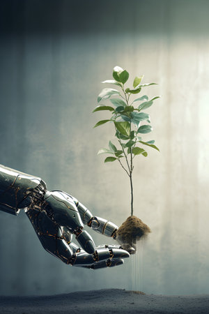 3d rendering of a robot hand planting a tree in the groundの素材