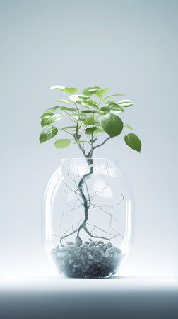Green plant in a glass jar with soil inside. 3d renderingの素材